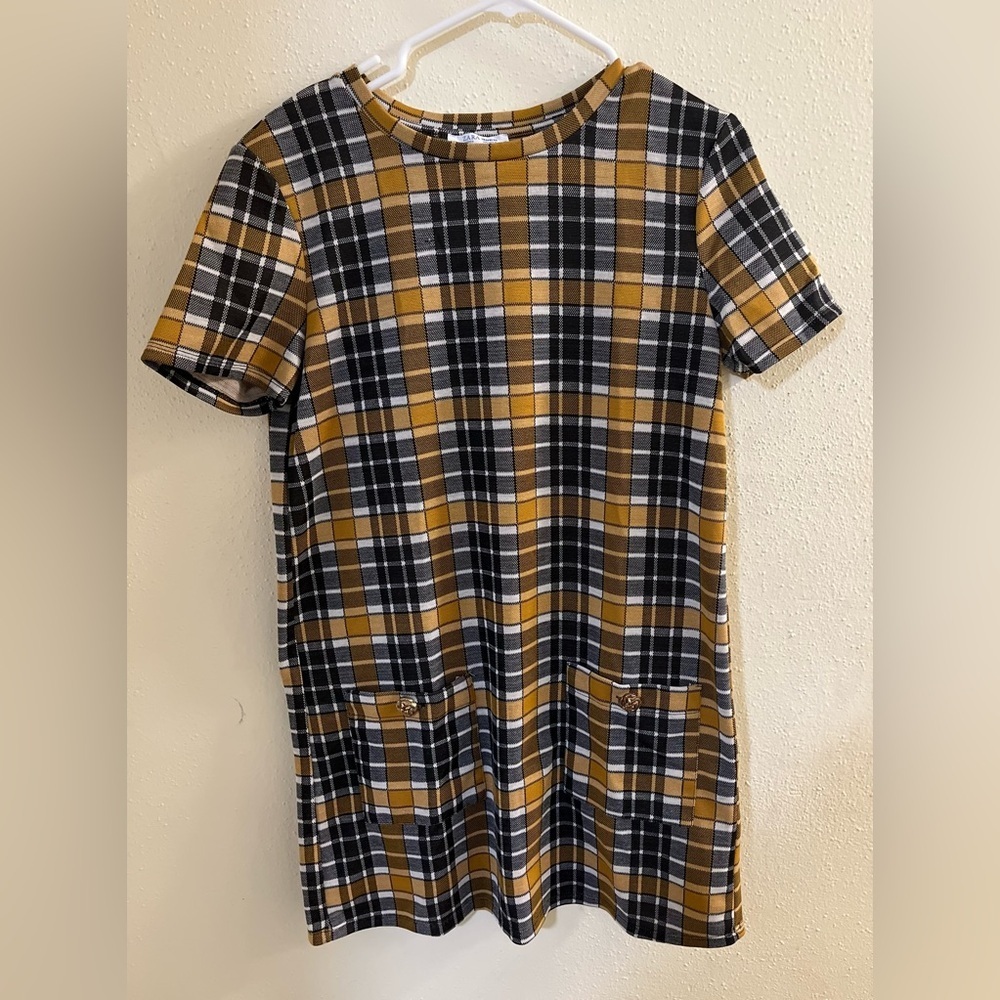 Zara Trafaluc black and gold plaid short-sleeved mini shift dress with pockets M - Picture 2 of 6